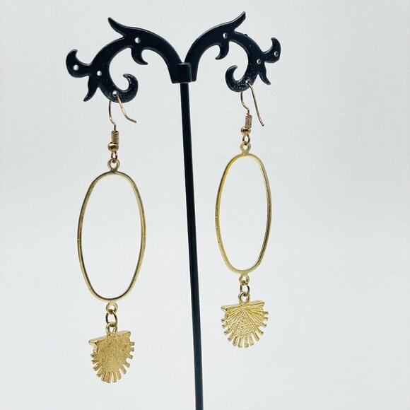 Oval Hoop Earrings Half Sun Charm Gold Tone Brown Glitter Bead Boho Festival - Picture 8 of 9